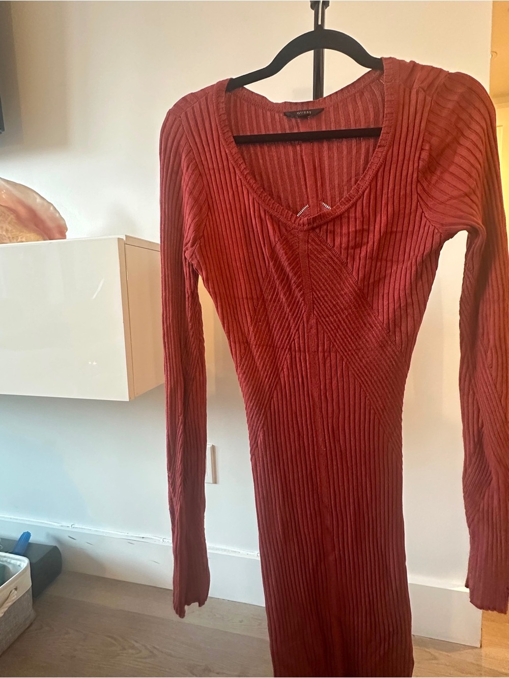 Guess Long-Sleeve Ribbed High-Low Dress in Rust
